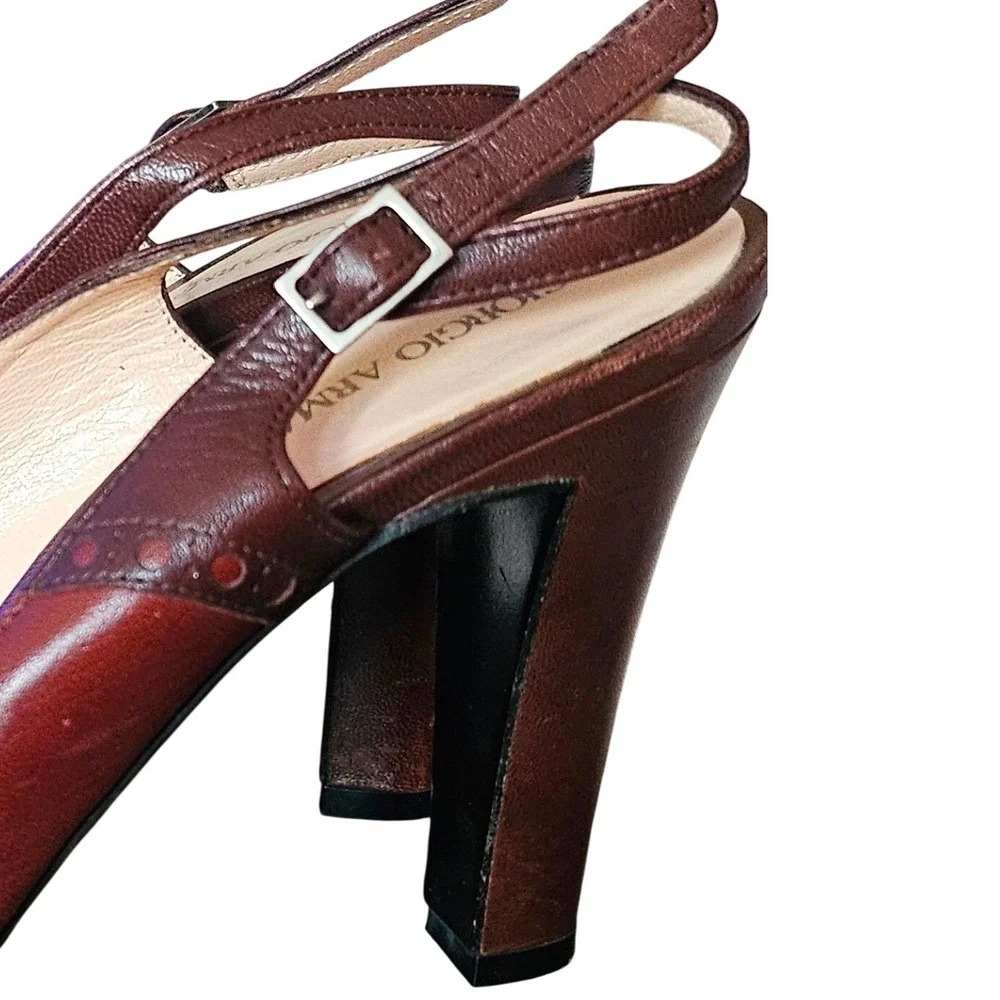Giorgio Armani Vintage Slingback Heels Brown 38.5 US 8.5 Leather Wingtip Brogue